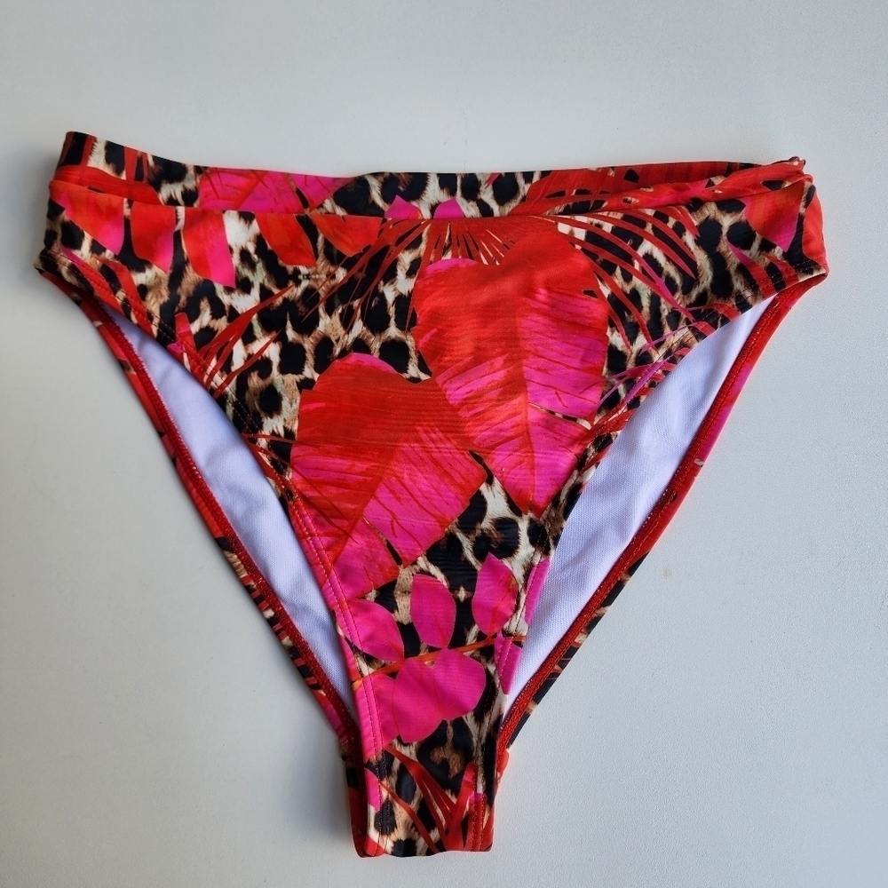 MissGuided Bathing Suit Bikini Bottoms Red Leopard Leaf Animal Tropical Sz 8